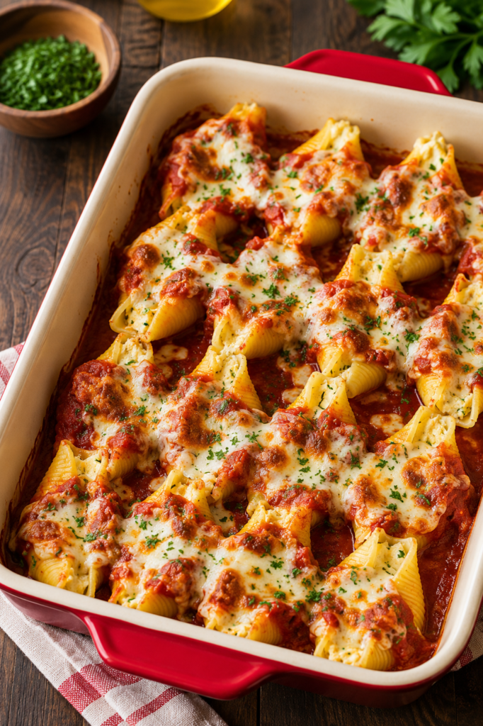 Golden baked stuffed shells in a casserole dish