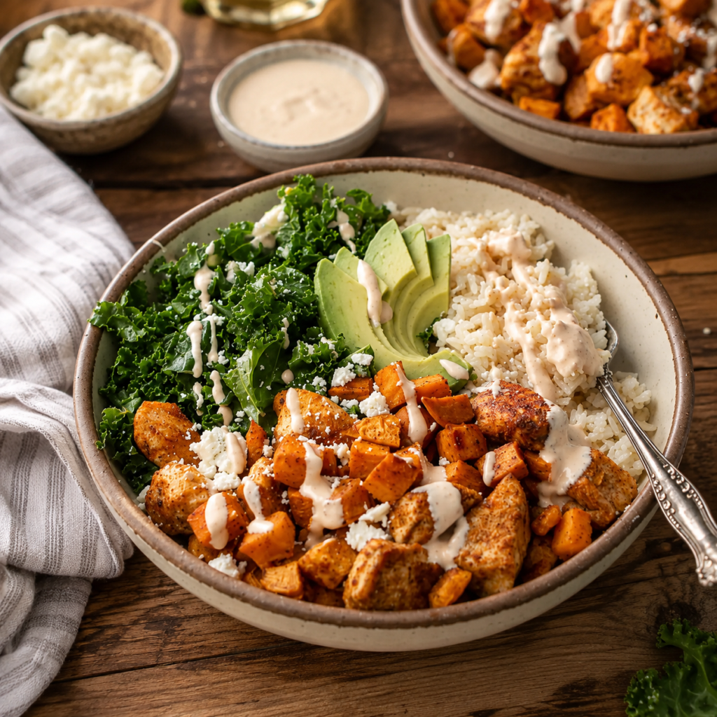 Roasted chicken sweet potato rice bowl for two