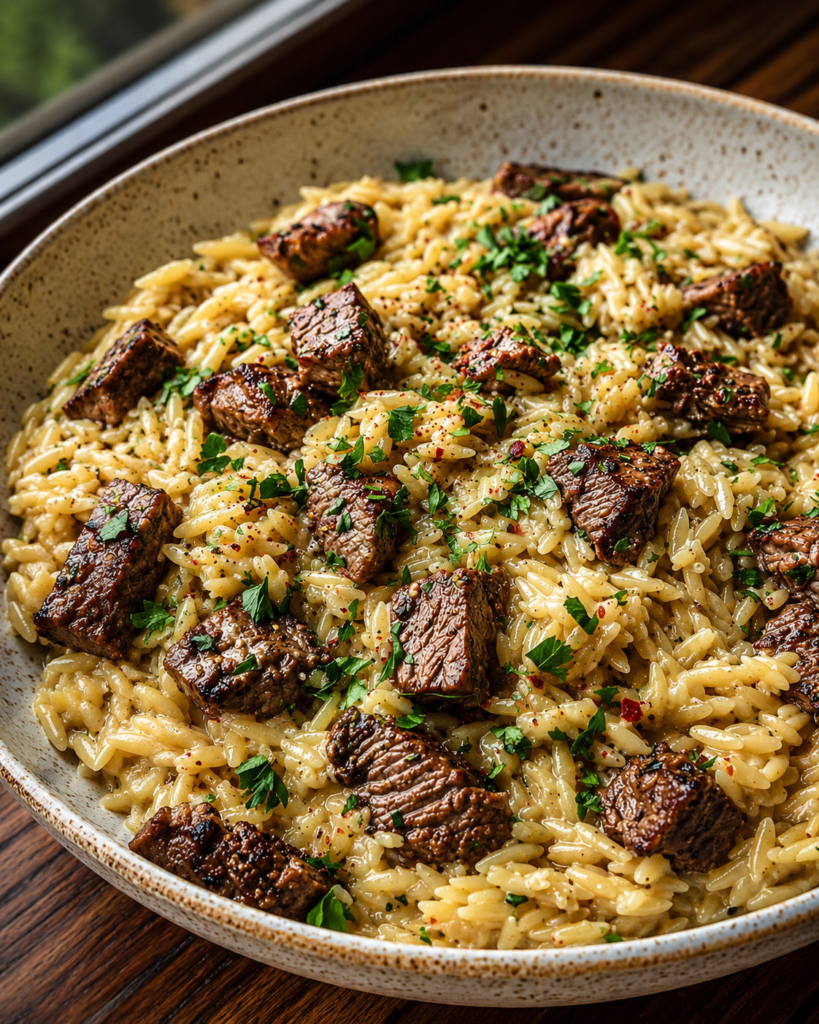 Sliced steak over creamy garlic butter orzo