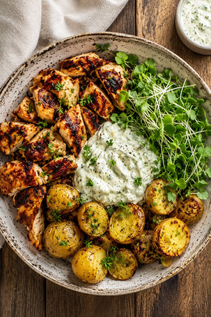 Mediterranean chicken potato bowl topped with feta and olives