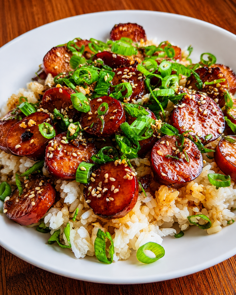 Honey garlic glaze being poured over browned sausage