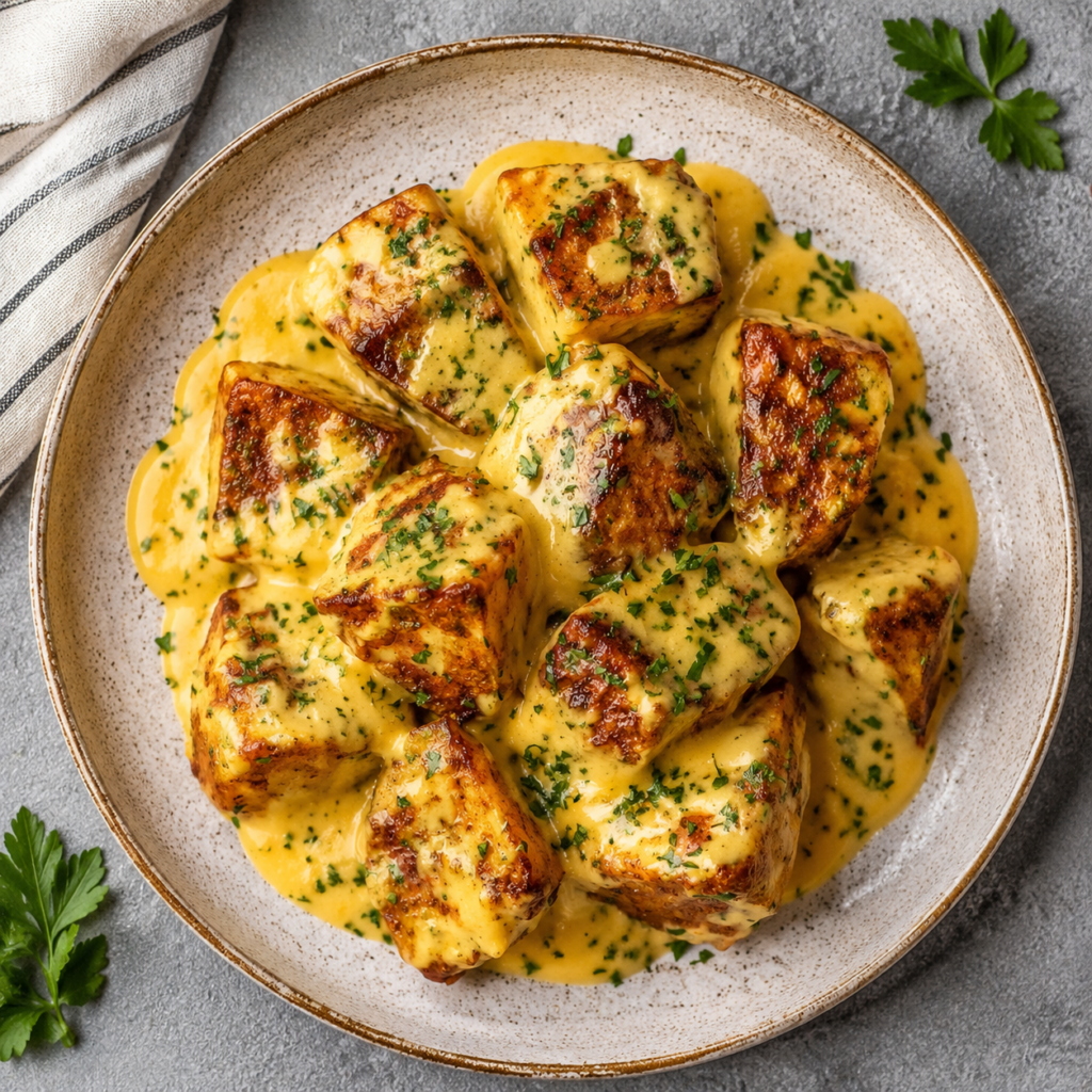 Golden broiled potatoes romanoff in a casserole dish