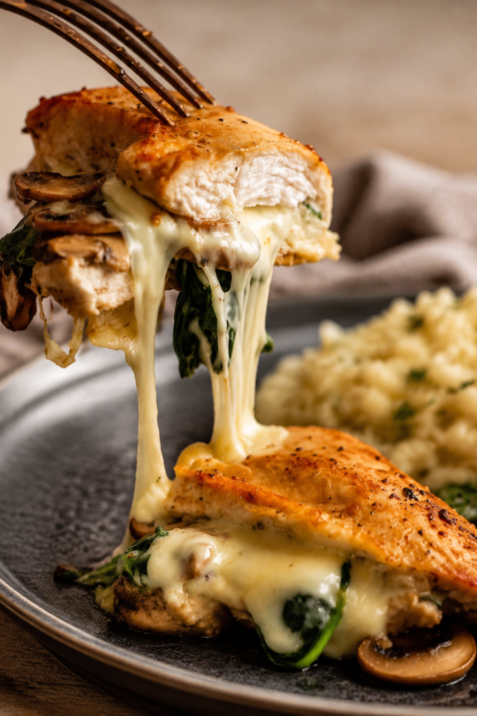 Mushroom filling mixed with cream cheese in a skillet