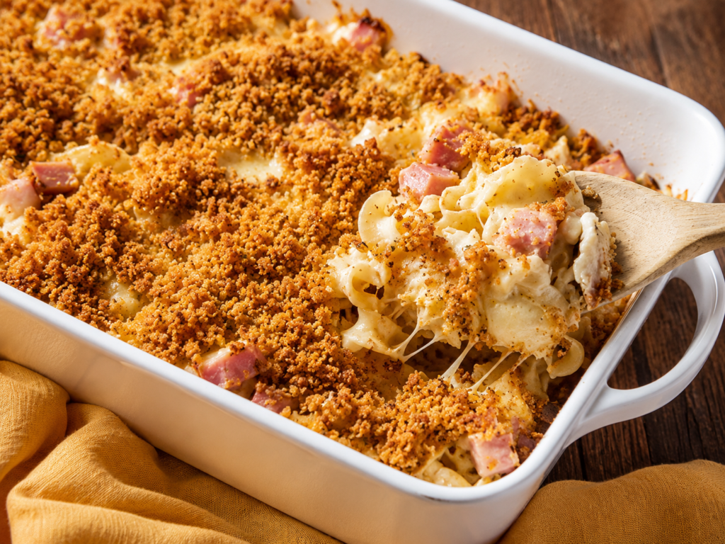 Chicken, cheese, and pasta mixed into a creamy sauce in a bowl
