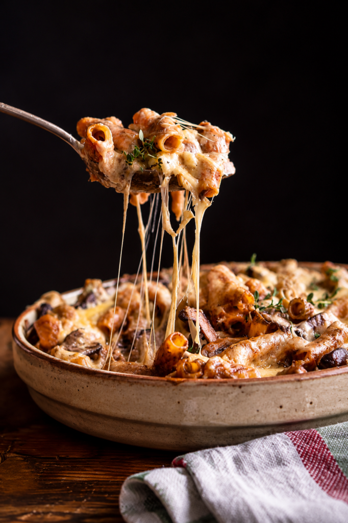 Golden baked French onion pasta with melted gruyere