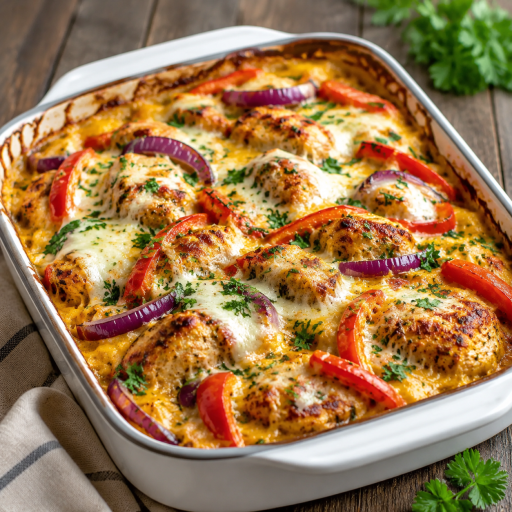 Golden bubbly chicken fajita bake fresh from the oven