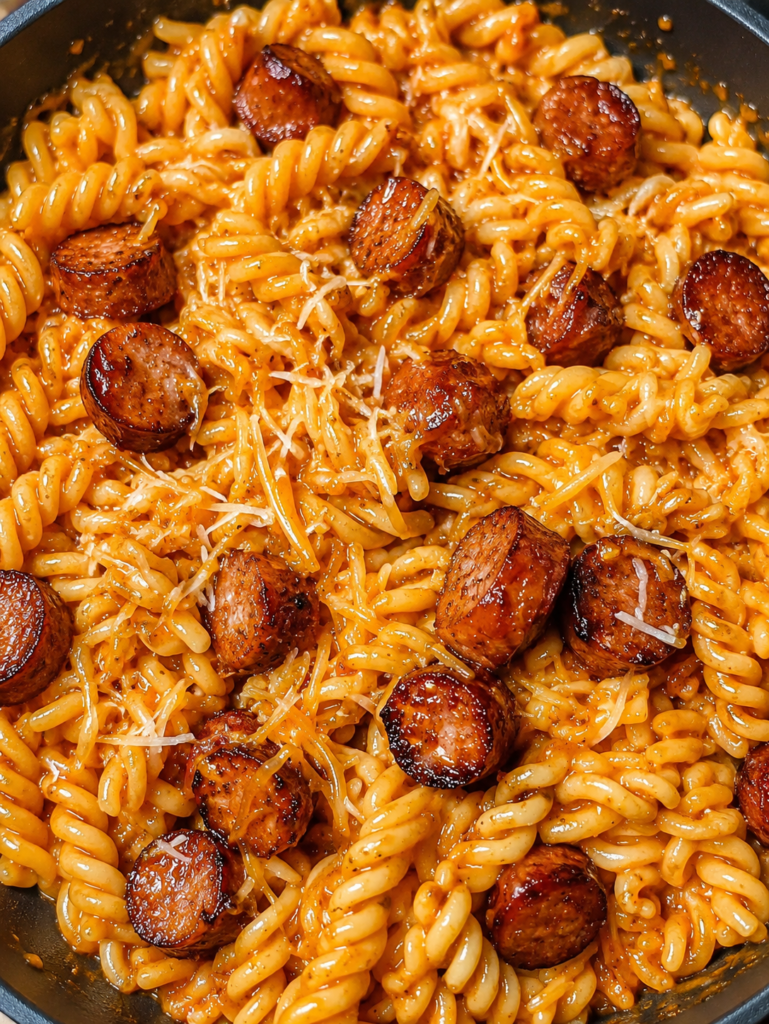 Shredded cheddar melting into creamy BBQ sausage pasta