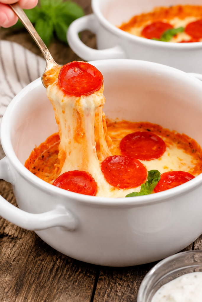 Finished cottage cheese pizza bowl garnished with basil