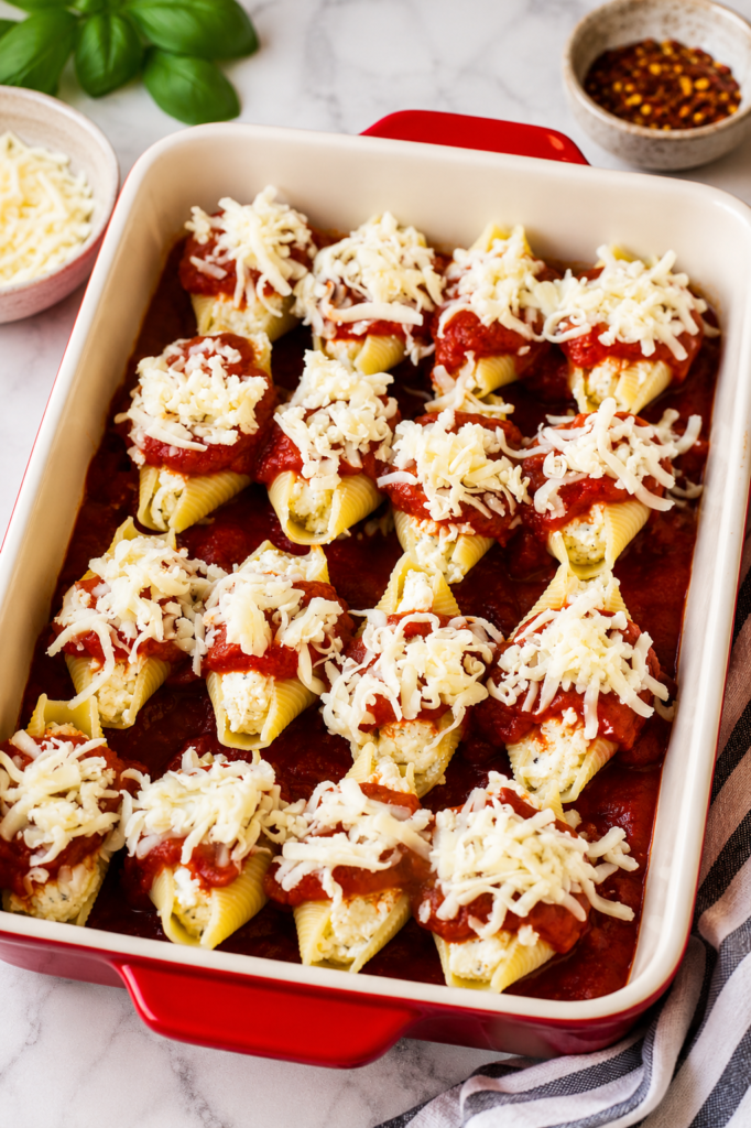 Pasta shells being filled with ricotta mixture