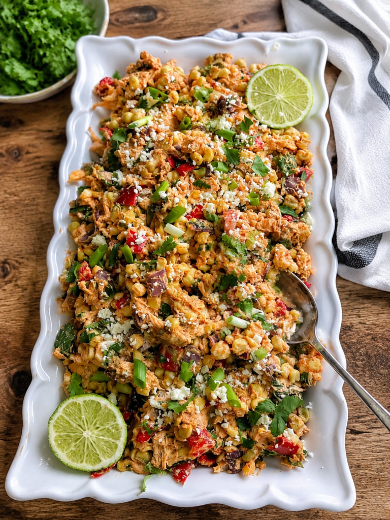 Healthy street corn chicken salad topped with cotija