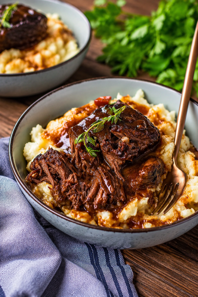 Short ribs served over mashed potatoes with red wine gravy