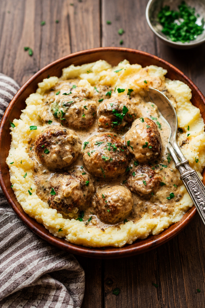 Chicken meatballs in mushroom sauce garnished with parsley