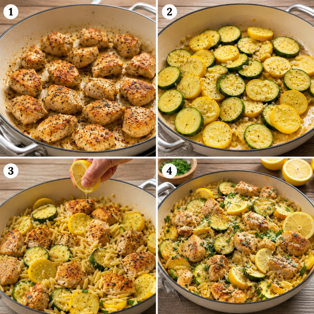 Chicken and vegetables combined with lemon juice in a skillet