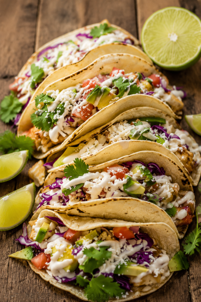 Fish tacos topped with cabbage, onion, and sauce