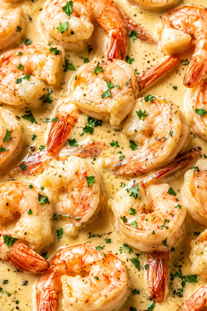 Shrimp in creamy garlic parmesan sauce garnished with parsley