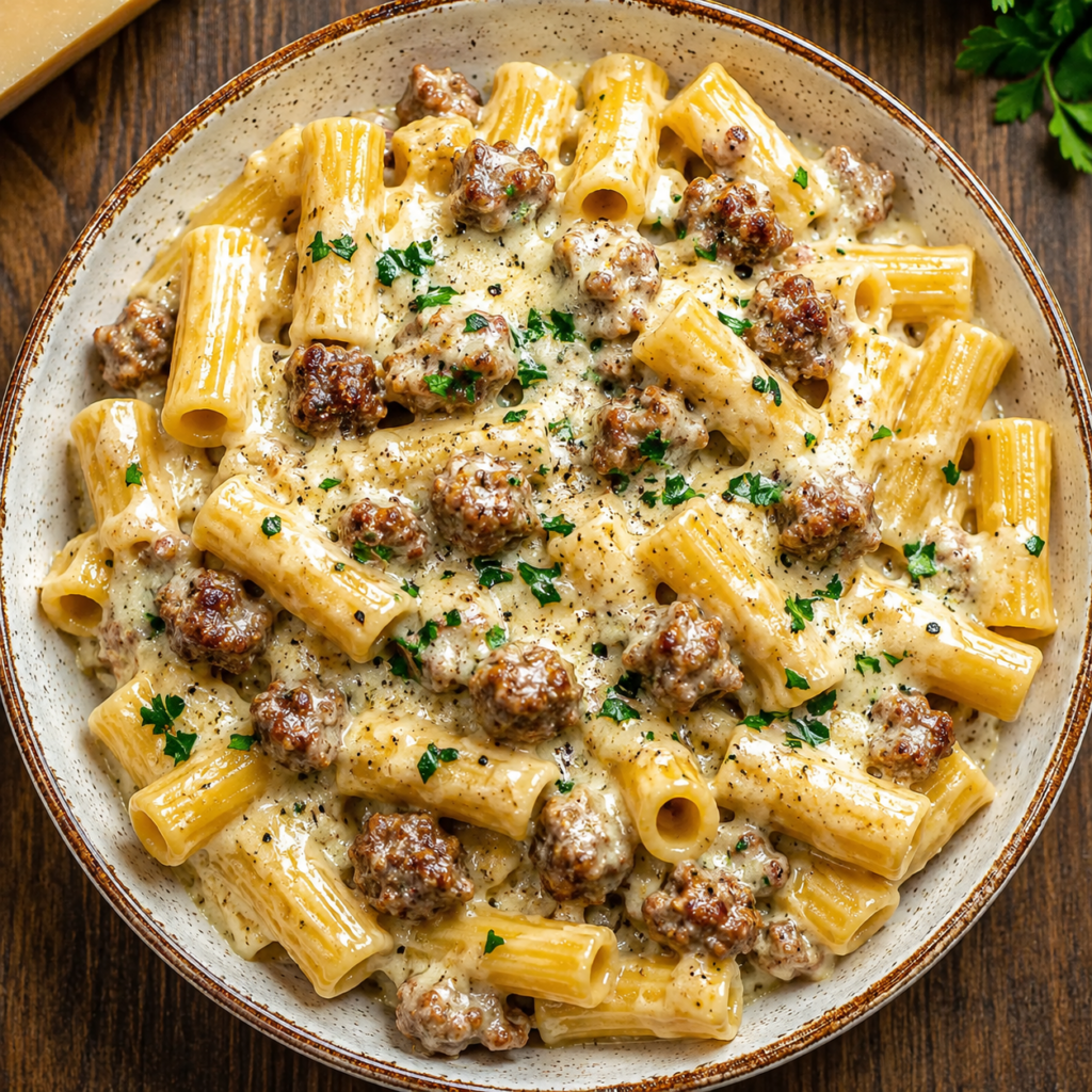 Italian sausage browning deeply in a skillet
