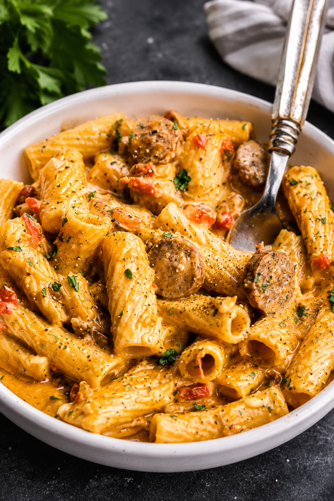 Finished creamy Cajun sausage pasta garnished with parsley