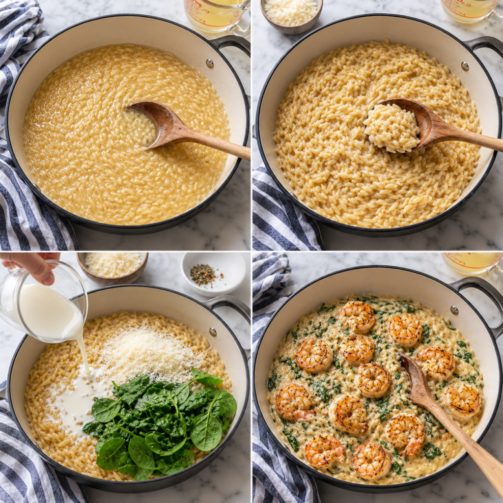 Cream, parmesan, and spinach stirred into orzo
