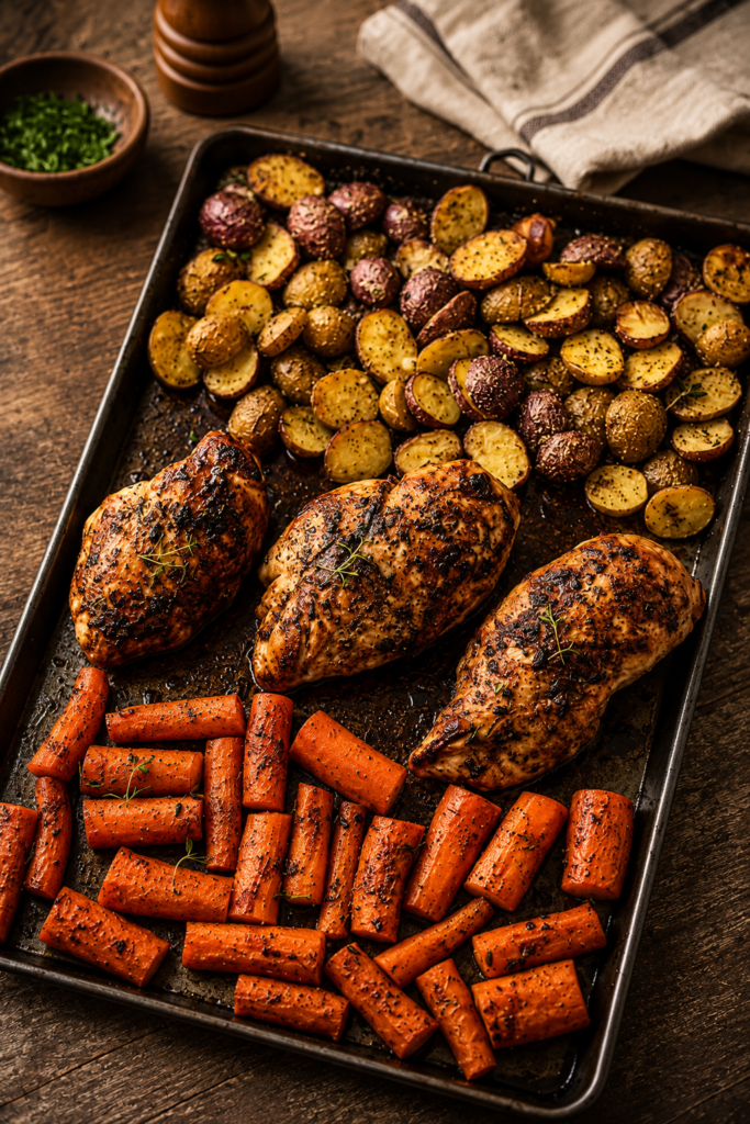 Potatoes and carrots cut small and tossed on a sheet pan