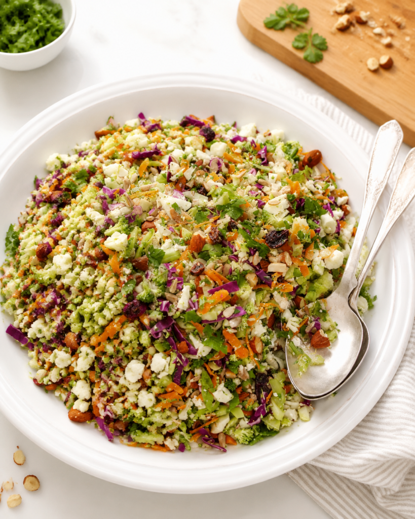 Large bowl of crunchy detox salad tossed with dressing