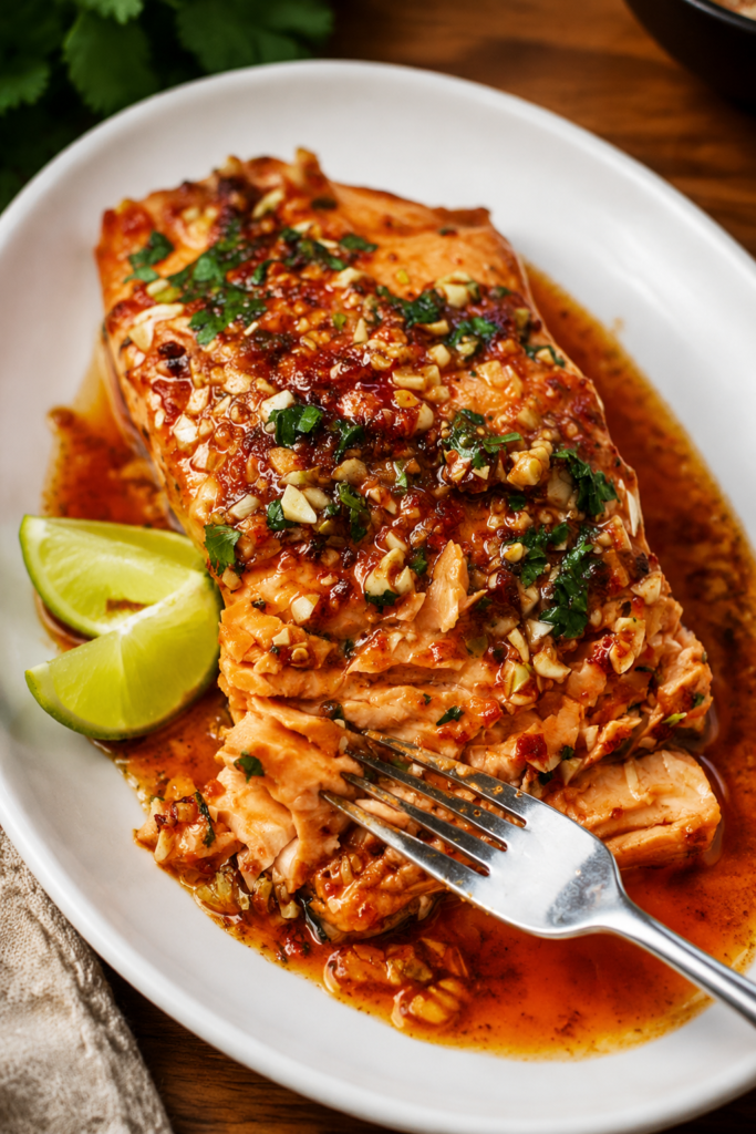 Chili lime salmon garnished with lime and cilantro