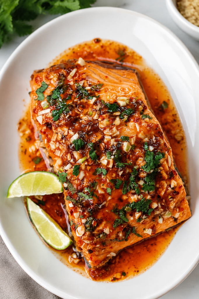 Chili lime glaze simmering and thickening in a skillet