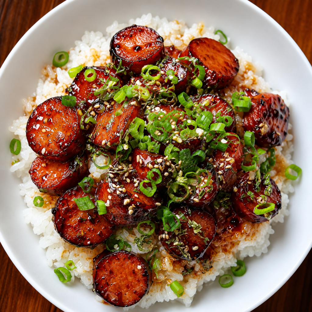 Finished sticky honey garlic sausage rice garnished with green onions
