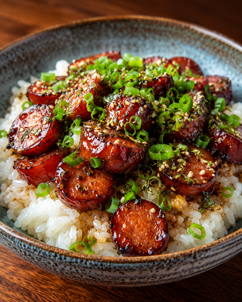 Sticky honey garlic smoked sausage rice garnished with sesame seeds