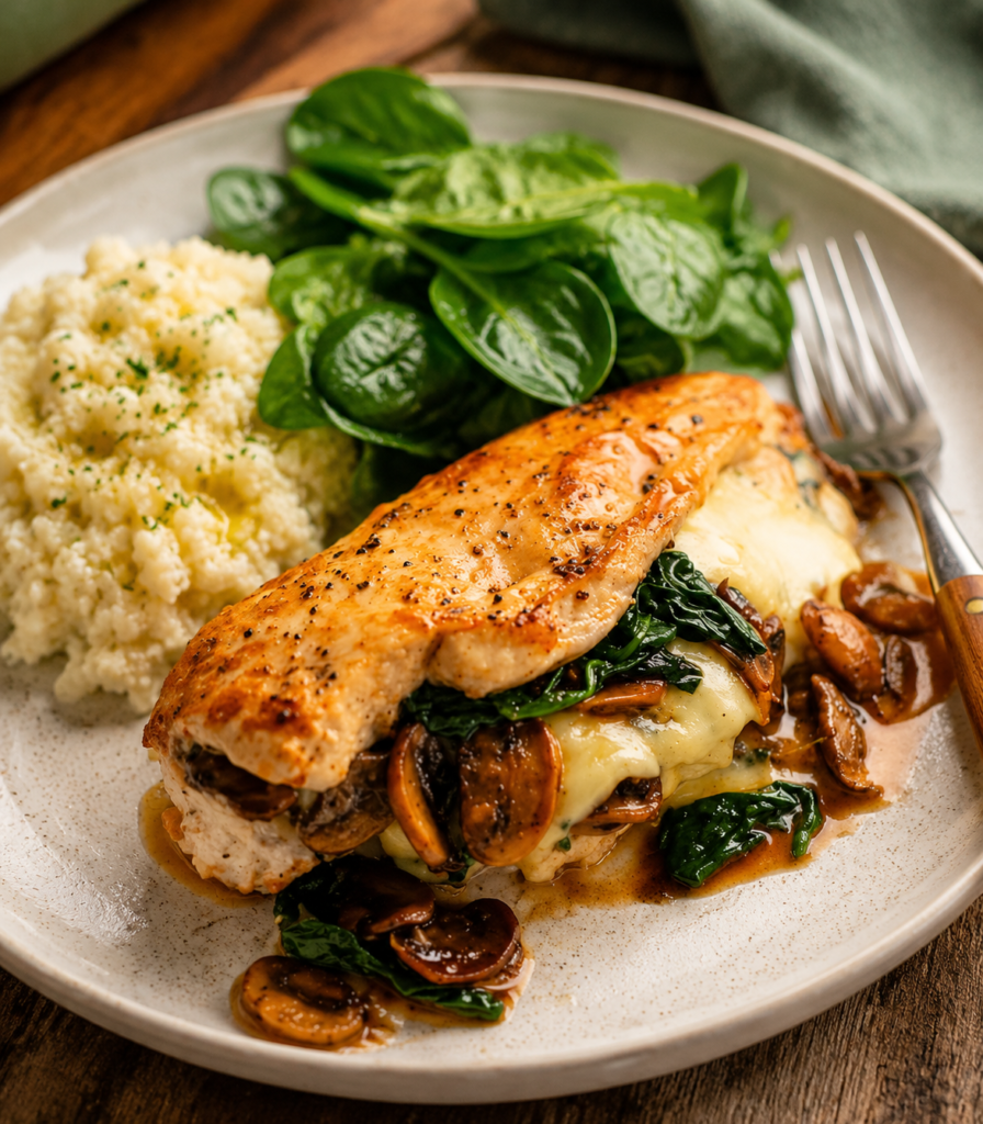 Sliced mushroom stuffed chicken breast on a plate