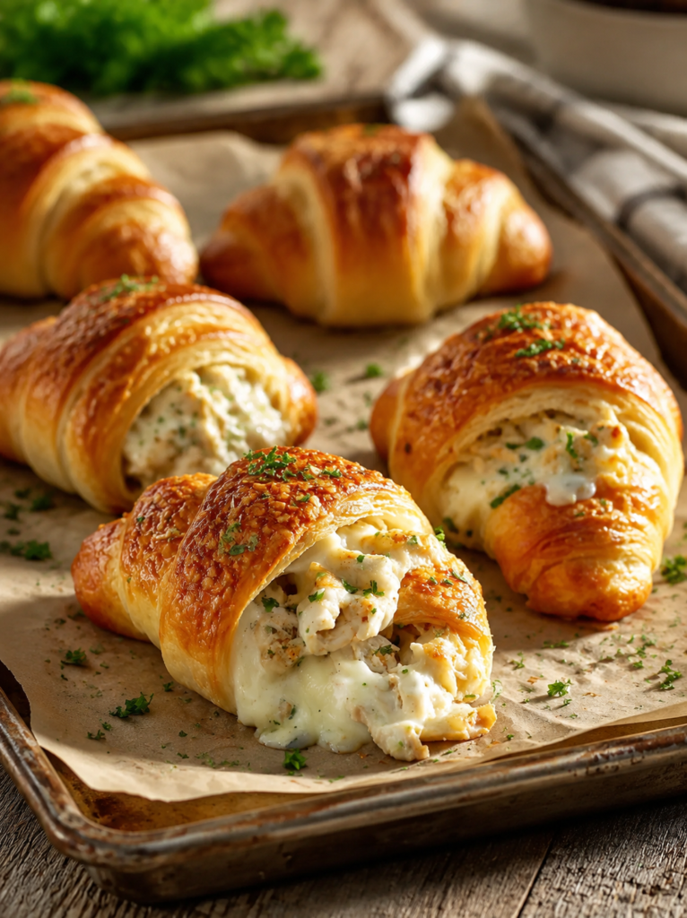 Golden baked chicken alfredo crescents on a baking sheet