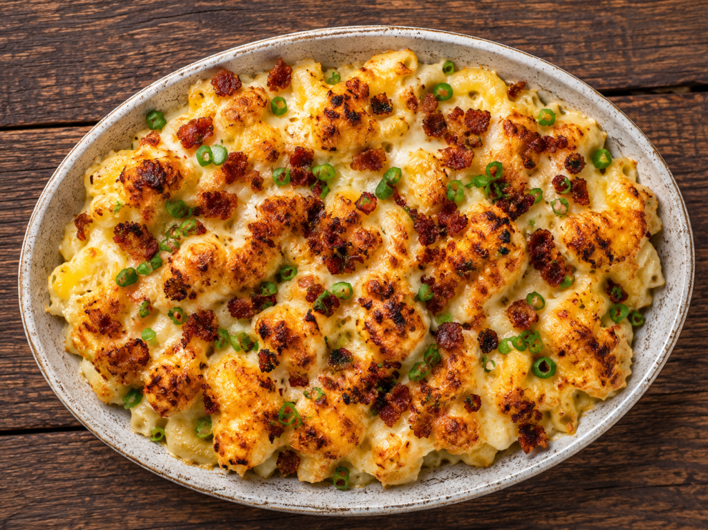 Baked crack chicken casserole with melted cheese and bacon