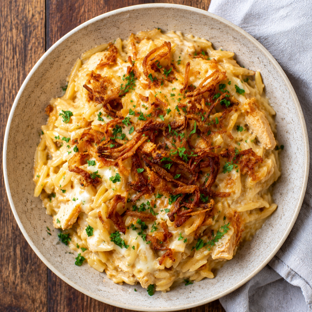 Baked French onion chicken orzo casserole with melted Gruyère