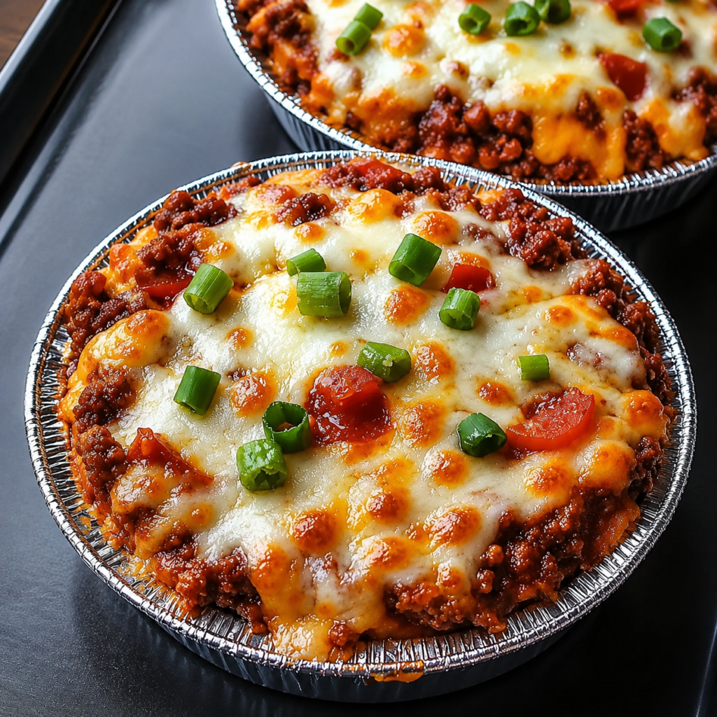 Pizza toppings layered over sauce and beef in a skillet