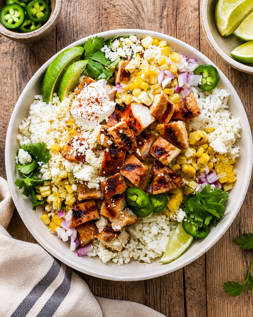 Street corn chicken bowl drizzled with cilantro lime crema