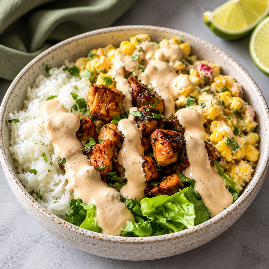 Street corn chicken rice bowl with lime wedge and cilantro