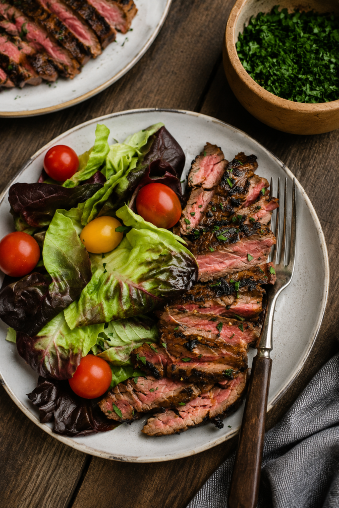 Sliced marinated skirt steak on a platter
