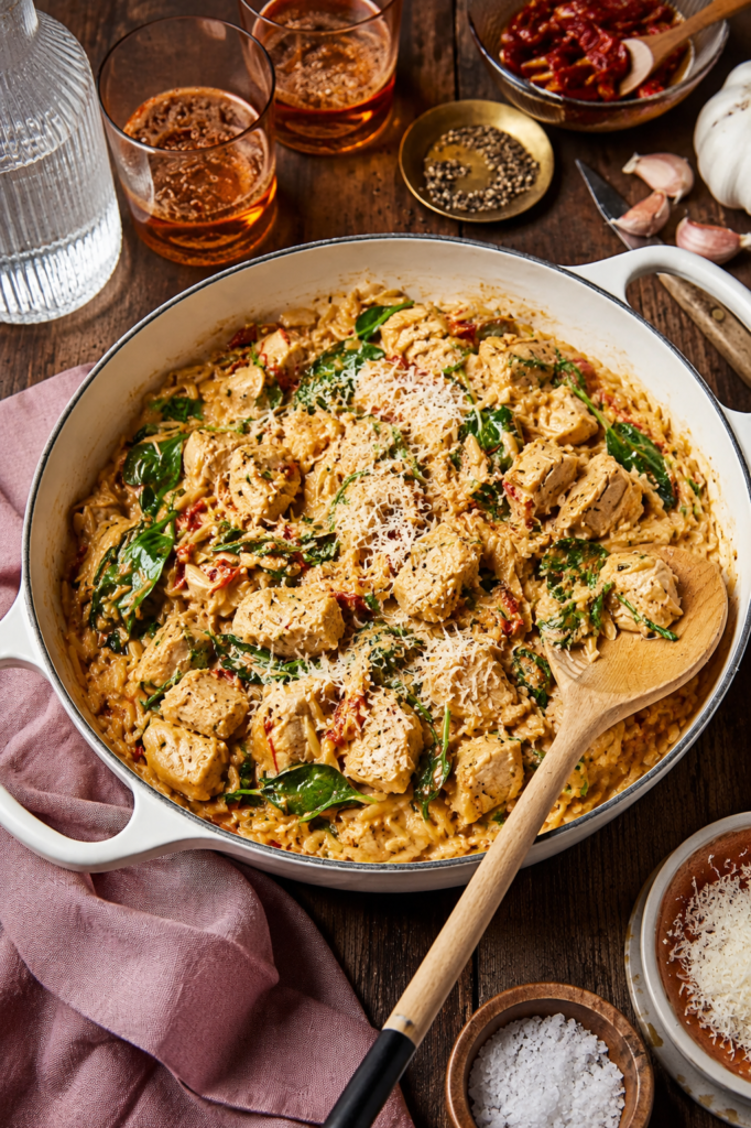Sliced chicken over creamy orzo with spinach