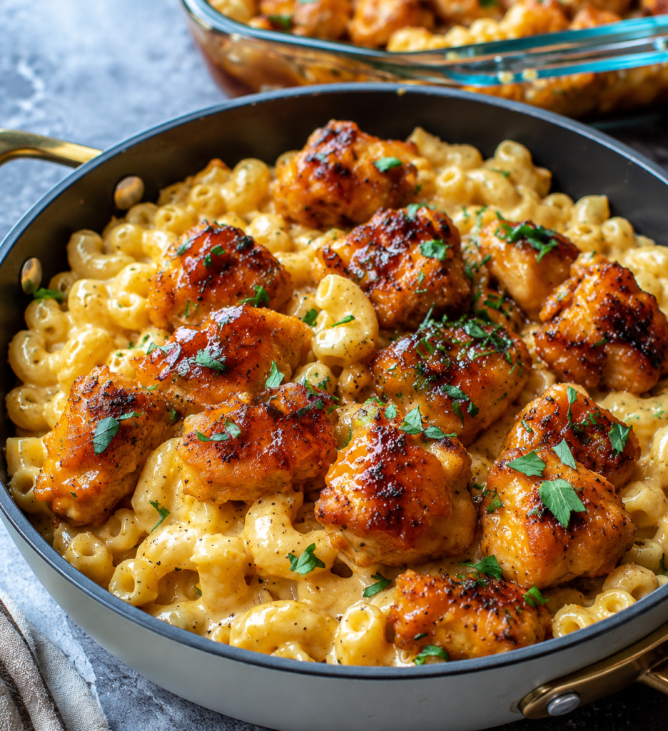 Honey garlic chicken plated alongside creamy mac and cheese