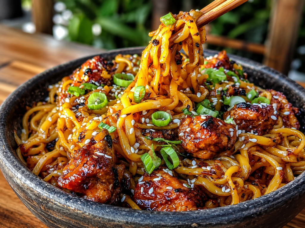 Hot noodles tossed in glossy garlic sauce