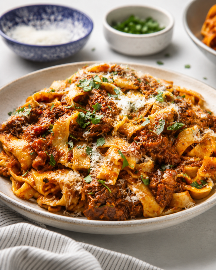 Short rib ragu tossed with pappardelle pasta