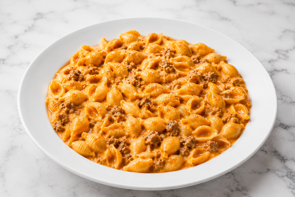 Creamy beef and shells topped with basil and parmesan