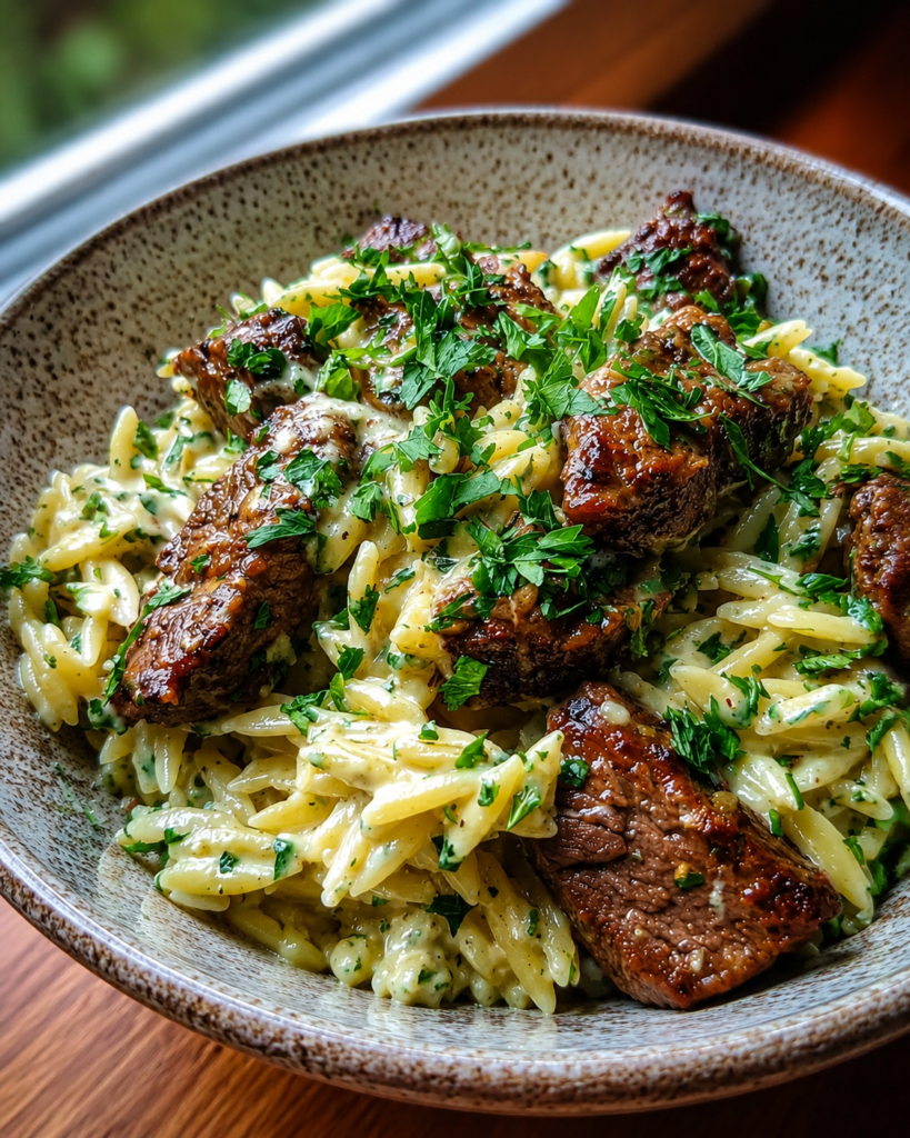 Orzo simmering in creamy garlic butter sauce