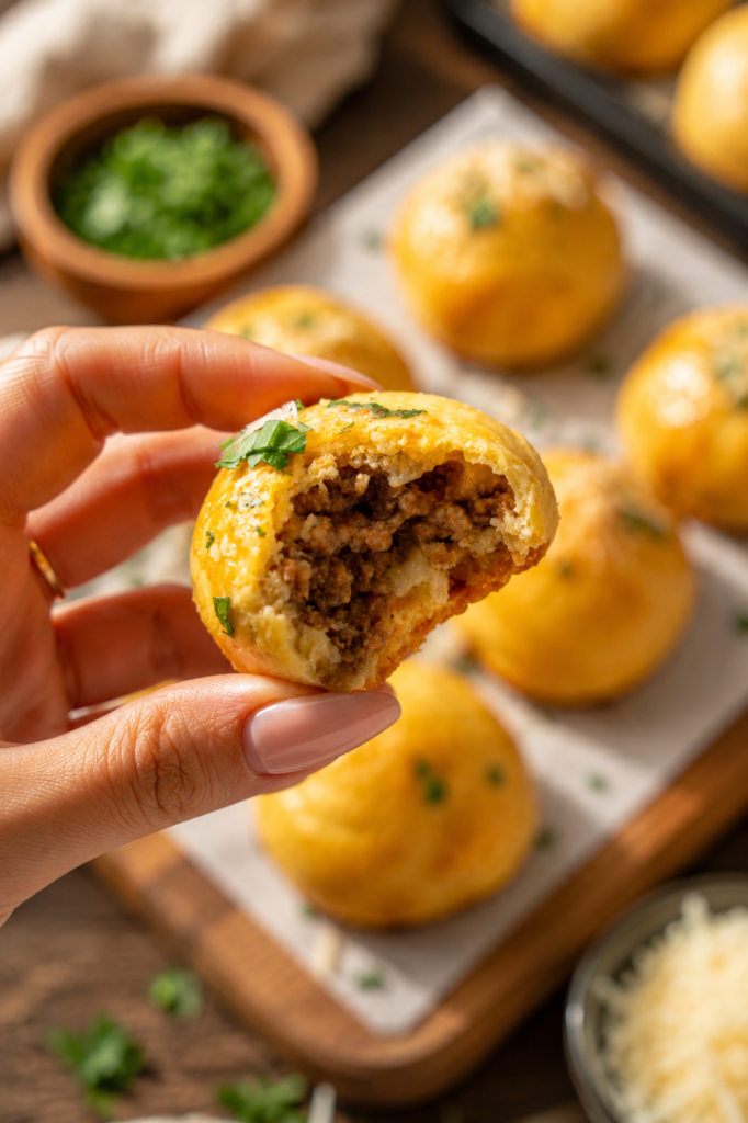 Baked garlic parmesan cheeseburger bombs brushed with butter
