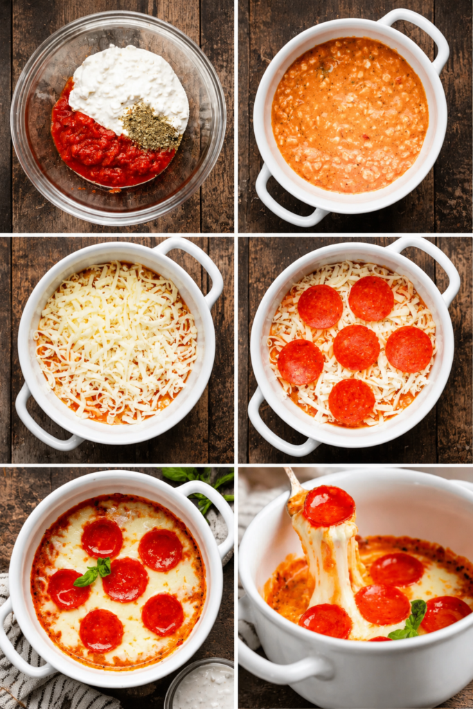 Cottage cheese layered with marinara and mozzarella in a bowl