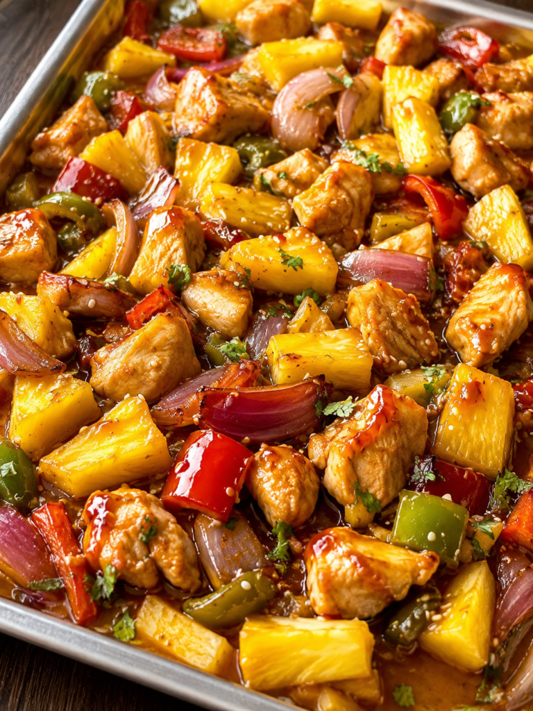 Sheet pan with chicken, pineapple, and bell peppers before roasting