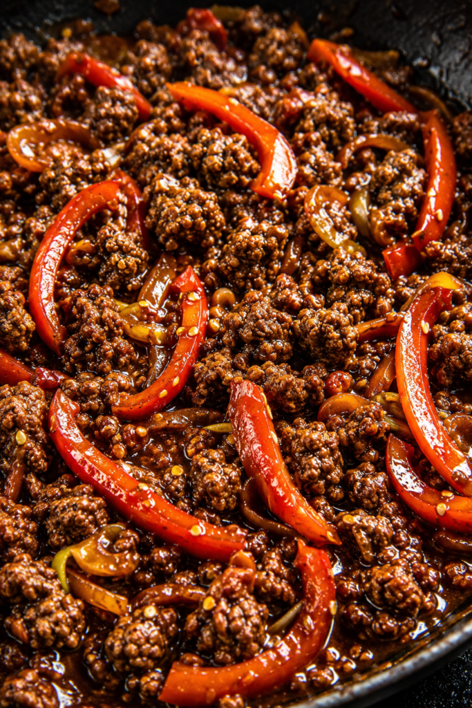 Beef simmering in a sticky gochujang sauce