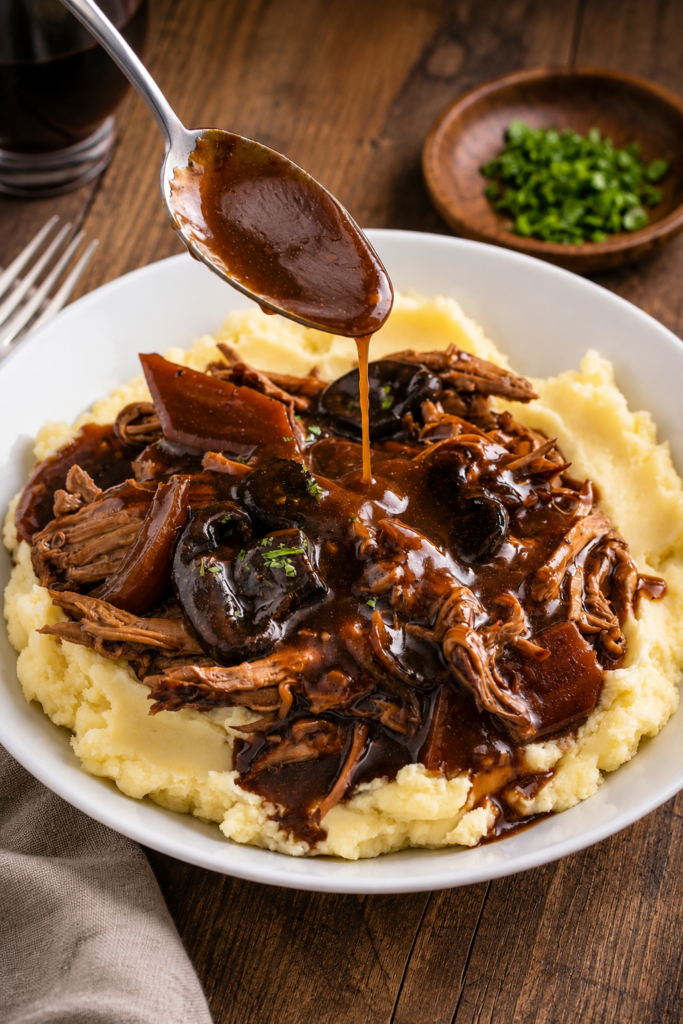 Garlic mashed potatoes mashed smooth in a pot