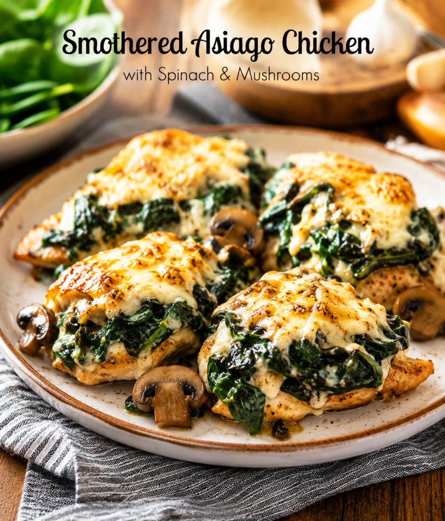 Smothered asiago chicken topped with spinach and mushrooms