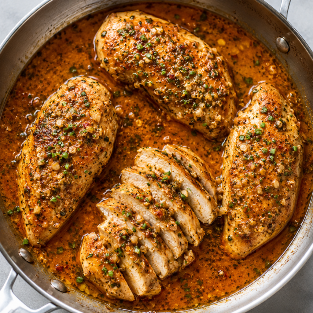 Cowboy butter chicken plated with extra sauce drizzled on top