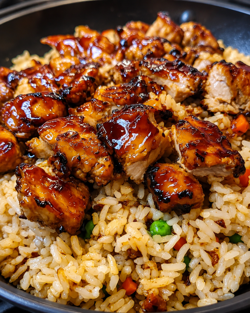 Rice simmering in BBQ sauce and broth with chicken on top